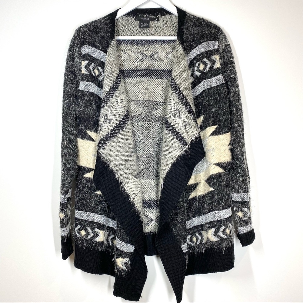 Vertigo Paris Tribal Print Black Eyelash Square Cardigan Sweater Size M